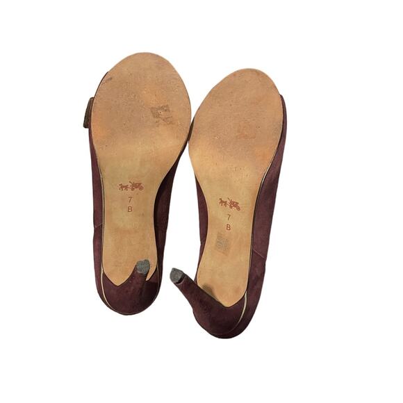 Coach Burgundy Suede‎ Peep Toe Booties Size 7B Elastic Gore - Chic Pull-On Style - Picture 7 of 9
